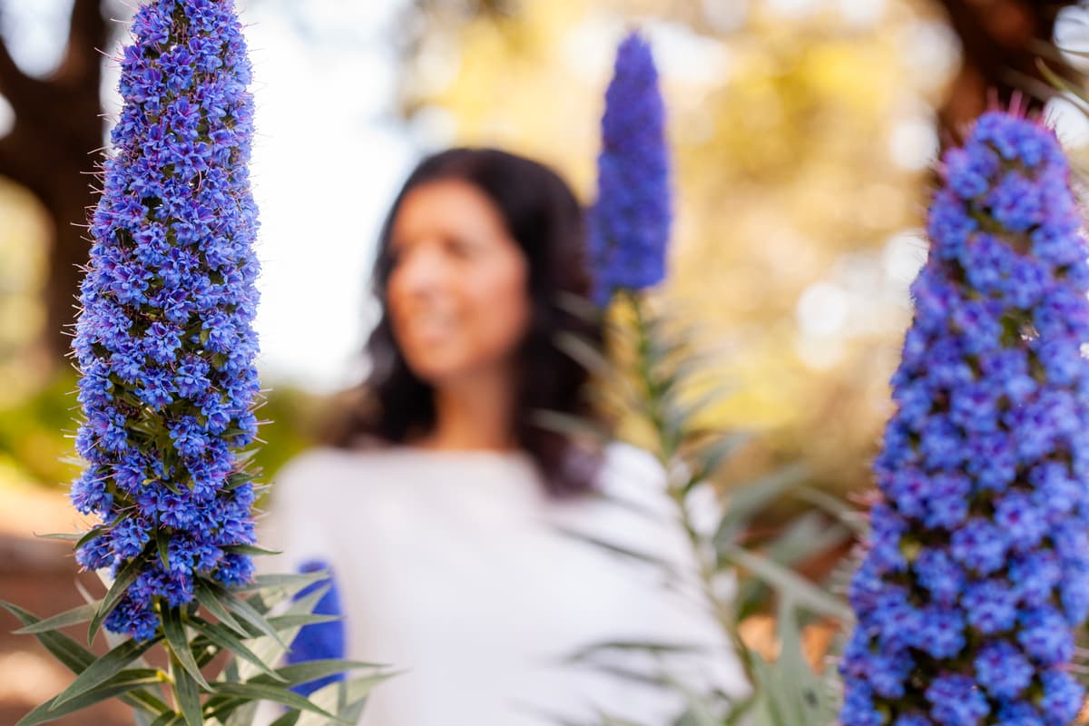 Stephanie in nature among purple flowers