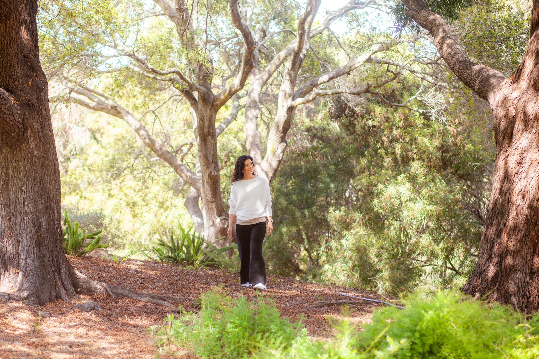 Stephanie walking in nature among the trees of Marin County
